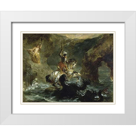 St. George Fighting the Dragon White Modern Wood Framed Art Print with Double Matting by Delacroix, Eugene