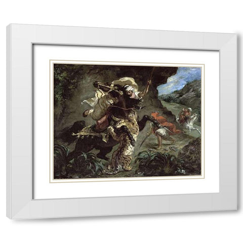 Tiger Hunt White Modern Wood Framed Art Print with Double Matting by Delacroix, Eugene