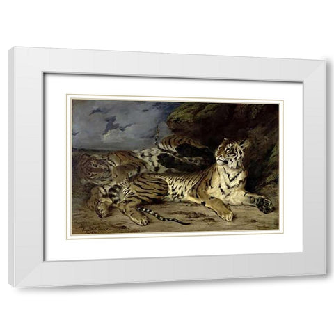 Young Tiger Playing with his Mother White Modern Wood Framed Art Print with Double Matting by Delacroix, Eugene