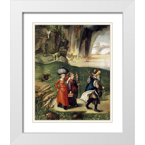 Lot and His Family Fleeing From Sodom White Modern Wood Framed Art Print with Double Matting by Durer, Albrecht