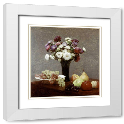 Still Life With Dahlias and Fruit White Modern Wood Framed Art Print with Double Matting by Fantin-Latour, Henri