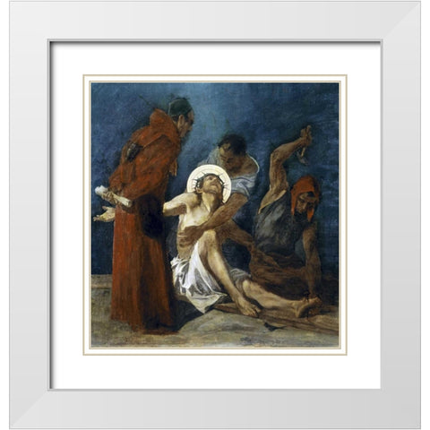 Jesus Is Nailed To The Cross, 11th Station of The Cross White Modern Wood Framed Art Print with Double Matting by Feuerstein, Martin
