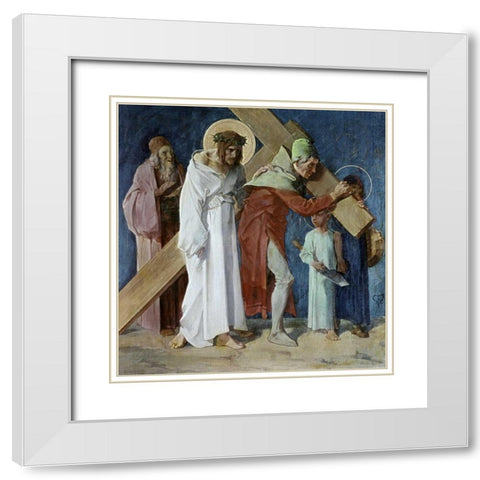 Simon of Cyrene Helps Jesus, 5th Station of The Cross White Modern Wood Framed Art Print with Double Matting by Feuerstein, Martin