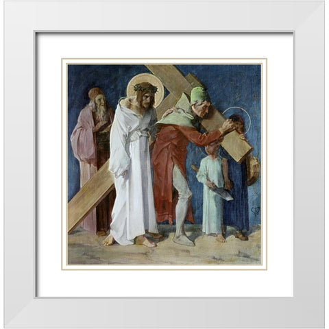 Simon of Cyrene Helps Jesus, 5th Station of The Cross White Modern Wood Framed Art Print with Double Matting by Feuerstein, Martin