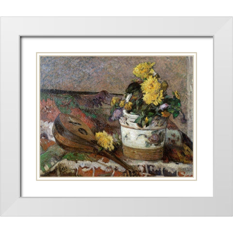 Mandolin and Vase of Flowers White Modern Wood Framed Art Print with Double Matting by Gauguin, Paul