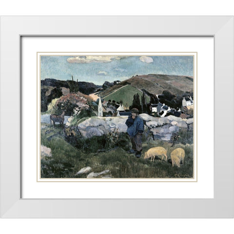Swineherd White Modern Wood Framed Art Print with Double Matting by Gauguin, Paul