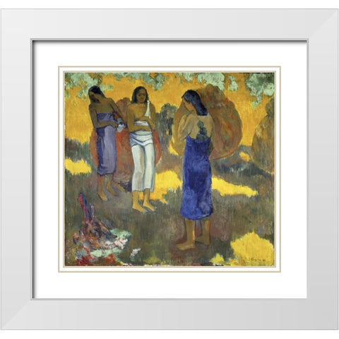 Three Tahitian Women Against a Yellow Background, - Trois Tahitiennes sur un Fond Jaune White Modern Wood Framed Art Print with Double Matting by Gauguin, Paul