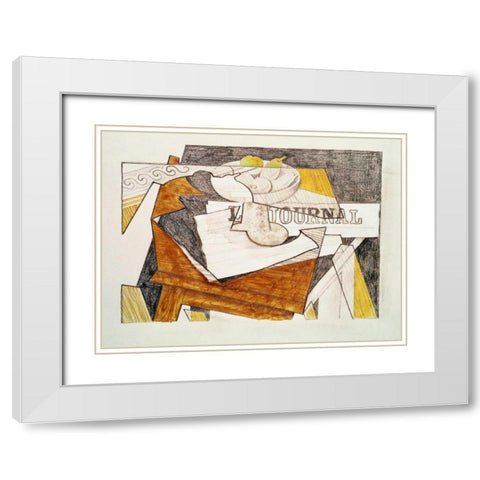Still Life With a Newspaper and a Wooden Table White Modern Wood Framed Art Print with Double Matting by Gris, Juan