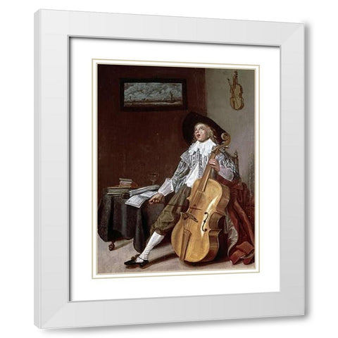 Cello Player White Modern Wood Framed Art Print with Double Matting by Hals, Dirck