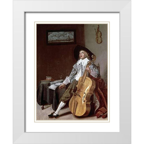 Cello Player White Modern Wood Framed Art Print with Double Matting by Hals, Dirck