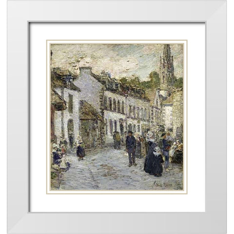 Street In Pont Aven In Evening White Modern Wood Framed Art Print with Double Matting by Hassam, Childe