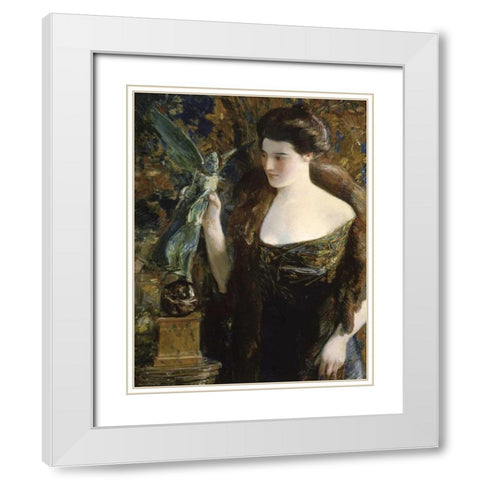 Young Woman and Statue White Modern Wood Framed Art Print with Double Matting by Hassam, Childe