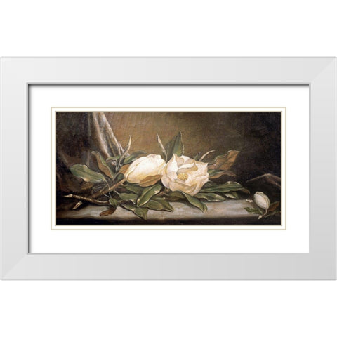 White Magnolias On a Blue Cloth White Modern Wood Framed Art Print with Double Matting by Heade, Martin Johnson