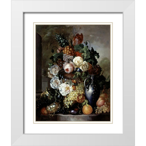 Still Life of Fruit and Flowers White Modern Wood Framed Art Print with Double Matting by Hyugens, Francois Joseph