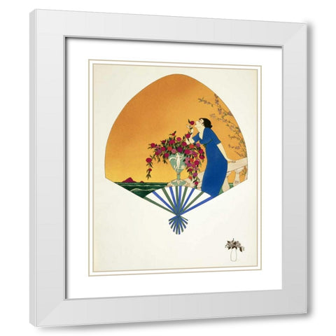 Fan: Woman On Balcony Smelling Rose White Modern Wood Framed Art Print with Double Matting by Iribe, Paul