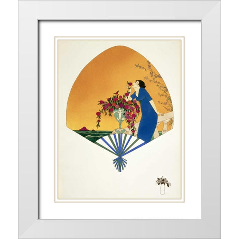 Fan: Woman On Balcony Smelling Rose White Modern Wood Framed Art Print with Double Matting by Iribe, Paul