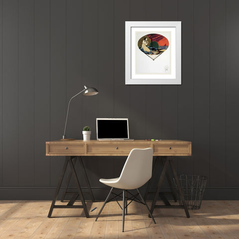 Fan: Woman Seated On Pillow Looking at Sea White Modern Wood Framed Art Print with Double Matting by Iribe, Paul