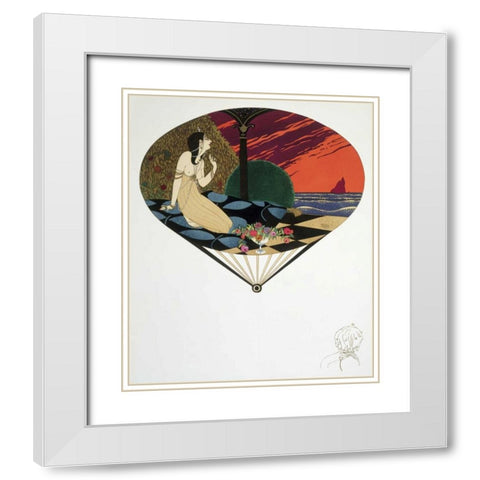 Fan: Woman Seated On Pillow Looking at Sea White Modern Wood Framed Art Print with Double Matting by Iribe, Paul