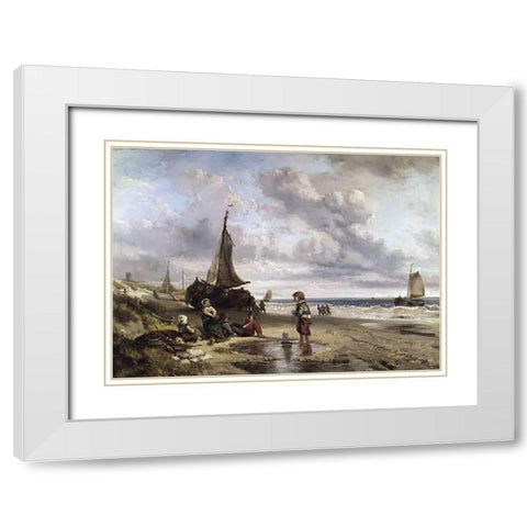 Children Playing By The Ocean White Modern Wood Framed Art Print with Double Matting by Kate, Jan Mari