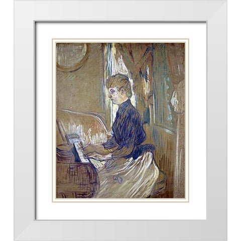 At the Piano, Madame Juliette Pascal in the Salon of the Malrome Palace White Modern Wood Framed Art Print with Double Matting by Toulouse-Lautrec, Henri