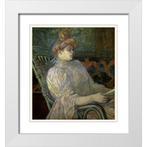 Woman Reading - Femme Lisant White Modern Wood Framed Art Print with Double Matting by Toulouse-Lautrec, Henri