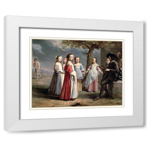Childrens Dance White Modern Wood Framed Art Print with Double Matting by Le Nain, Antoine