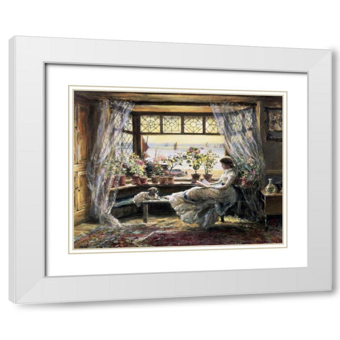 Reading by the Window, Hastings White Modern Wood Framed Art Print with Double Matting by Lewis, Charles James