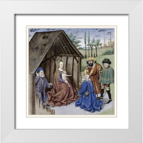 Nativity With Three Kings White Modern Wood Framed Art Print with Double Matting by Ludolf of Saxony,