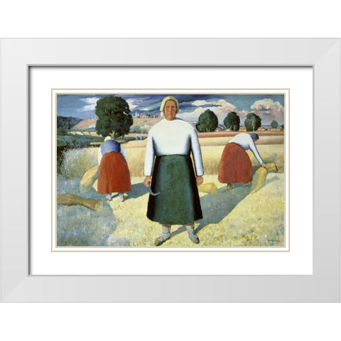 Female Farmers White Modern Wood Framed Art Print with Double Matting by Malevich, Kazimir