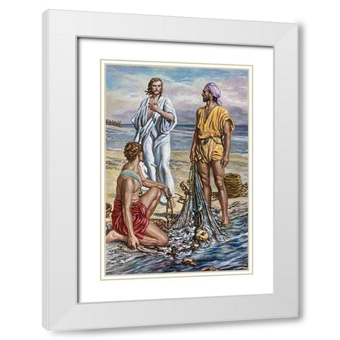 Jesus and The Fishermen White Modern Wood Framed Art Print with Double Matting by Matania, Fortunino