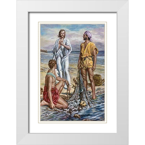 Jesus and The Fishermen White Modern Wood Framed Art Print with Double Matting by Matania, Fortunino