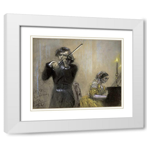 A Violinist and Clara Schumann White Modern Wood Framed Art Print with Double Matting by Von Menzel, Adolf