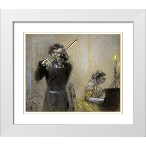 A Violinist and Clara Schumann White Modern Wood Framed Art Print with Double Matting by Von Menzel, Adolf