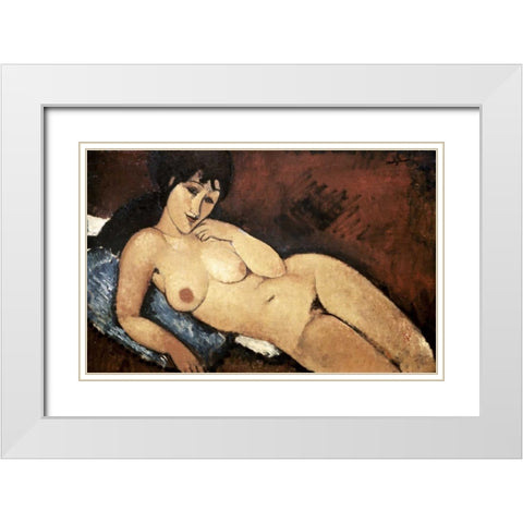 Nude on a Blue Cushion White Modern Wood Framed Art Print with Double Matting by Modigliani, Amedeo