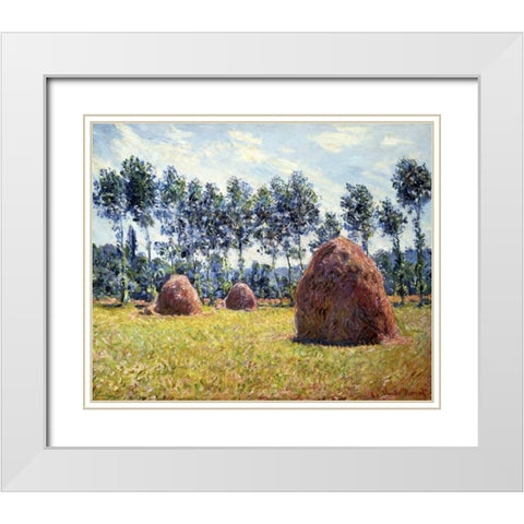 Haystacks at Giverny White Modern Wood Framed Art Print with Double Matting by Monet, Claude
