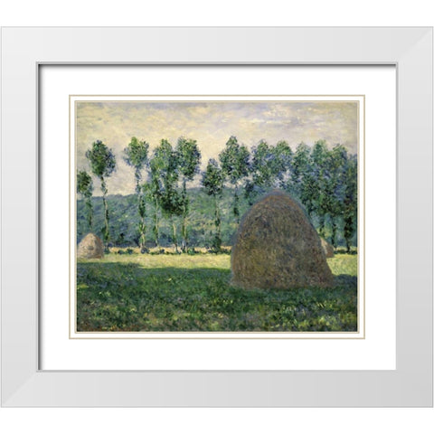 Haystacks Near Giverny White Modern Wood Framed Art Print with Double Matting by Monet, Claude