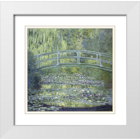 Japanese Bridge White Modern Wood Framed Art Print with Double Matting by Monet, Claude