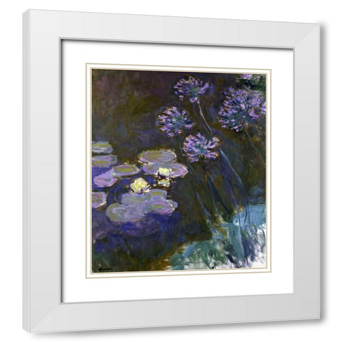 Water Lilies and Agapanthus White Modern Wood Framed Art Print with Double Matting by Monet, Claude