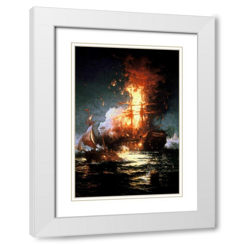 Burning of the Frigate Philadelphia Tripoli Harbor, Feb 16, 1804 White Modern Wood Framed Art Print with Double Matting by Moran, Edward