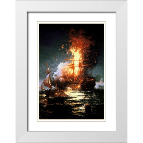 Burning of the Frigate Philadelphia Tripoli Harbor, Feb 16, 1804 White Modern Wood Framed Art Print with Double Matting by Moran, Edward