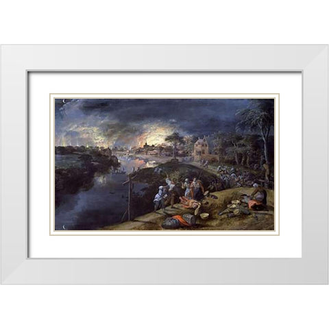 Scene of War and Fire White Modern Wood Framed Art Print with Double Matting by Mostaert, Gillis