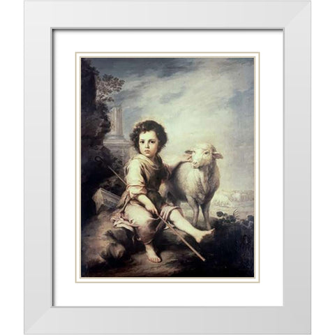 Museumist Child As Shepherd White Modern Wood Framed Art Print with Double Matting by Murillo, Bartolome Esteban