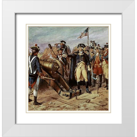 Washington Firing First Shot at Yorktown White Modern Wood Framed Art Print with Double Matting by Ogden, Henry Alexander