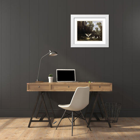 Ducks White Modern Wood Framed Art Print with Double Matting by Oudry, Jean-Baptiste