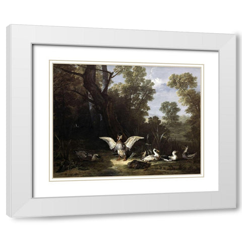 Ducks White Modern Wood Framed Art Print with Double Matting by Oudry, Jean-Baptiste
