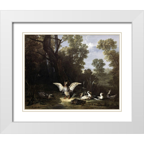 Ducks White Modern Wood Framed Art Print with Double Matting by Oudry, Jean-Baptiste