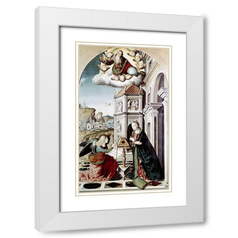 Annunciation White Modern Wood Framed Art Print with Double Matting by Palmezzano, Marco
