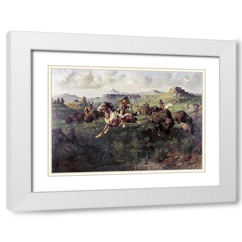 Buffalo Hunt White Modern Wood Framed Art Print with Double Matting by Paxson, Edgar Samuel