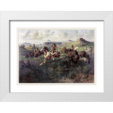 Buffalo Hunt White Modern Wood Framed Art Print with Double Matting by Paxson, Edgar Samuel