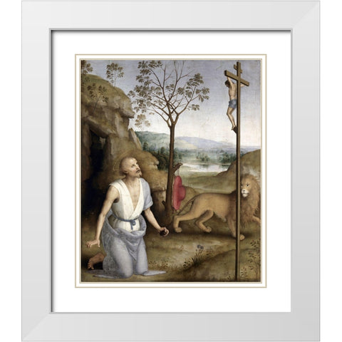 St. Jerome In The Desert White Modern Wood Framed Art Print with Double Matting by Perugino, Pietro